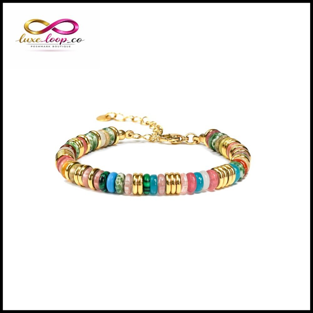 18K Gold Plated‎ Stack Bangle Bracelets with Natural Stones, 7" Length